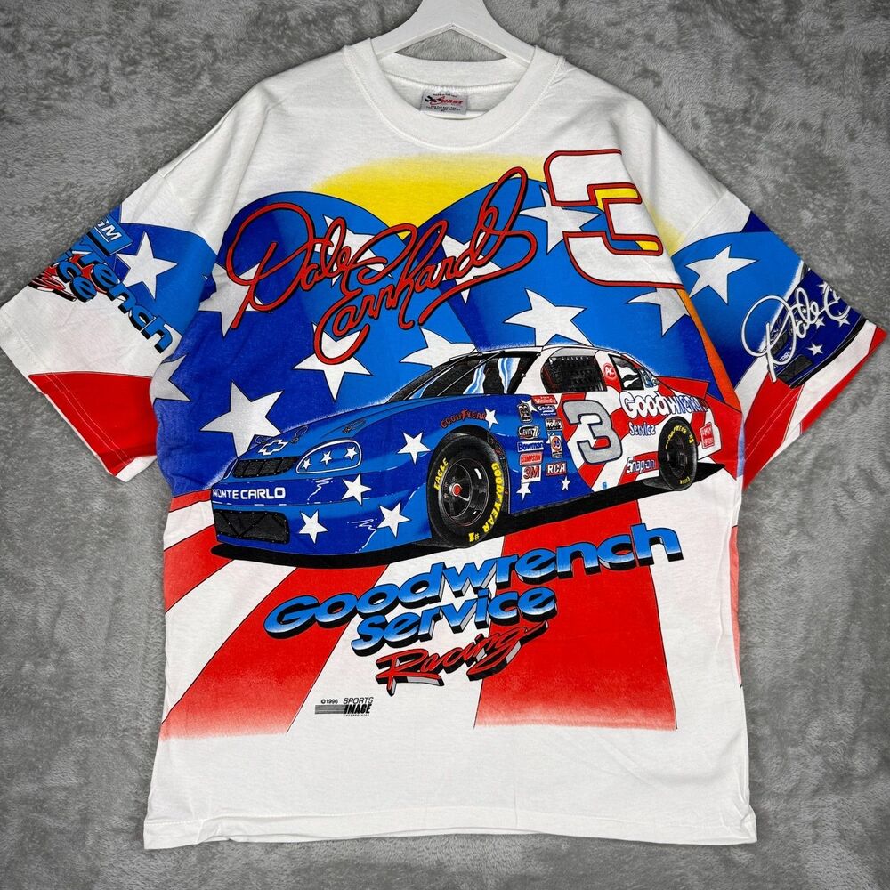 Vtg 90s Dale Earnhardt T-Shirt Men 2XL AOP Chase Nascar Goodrich Racing USA Flag